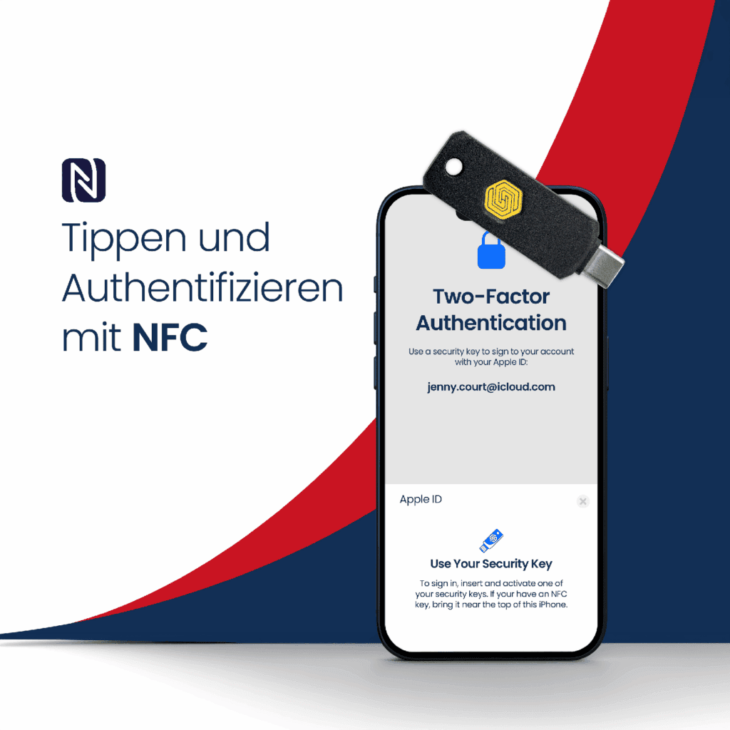 Smartphone mit NFC-Authentifizierung und Sicherheitsschlüssel.
