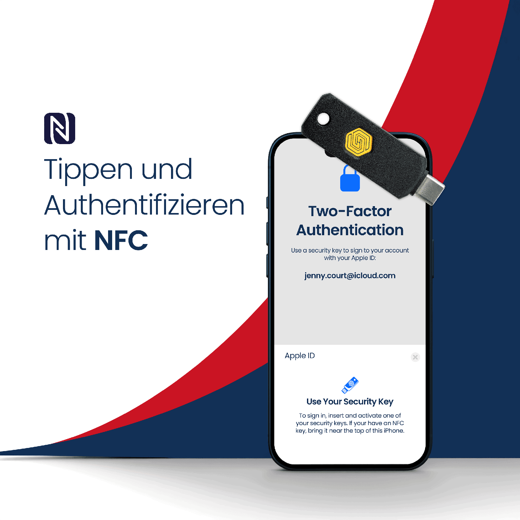 Smartphone mit NFC-Authentifizierung und Sicherheitsschlüssel.