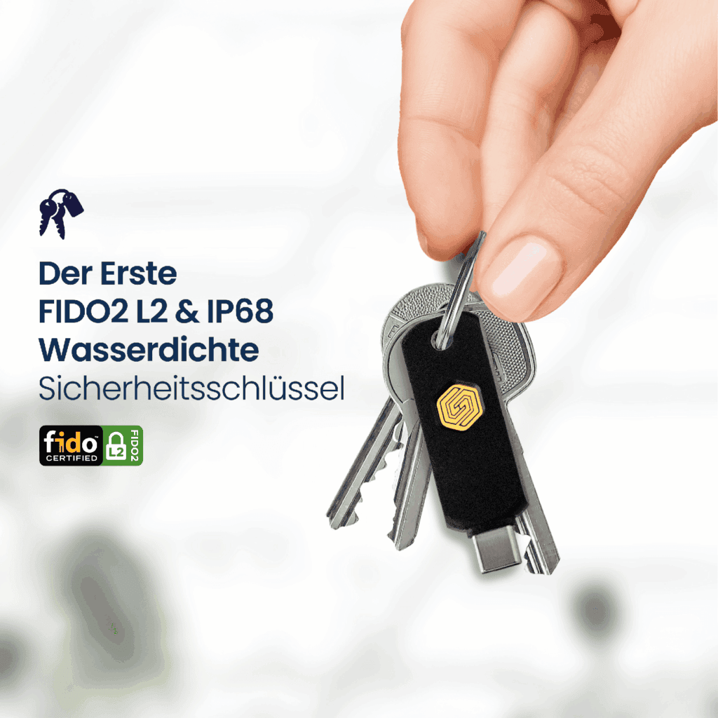 Sicherheits-Schlüssel mit Wasserfestigkeit und FIDO2 Zertifizierung.