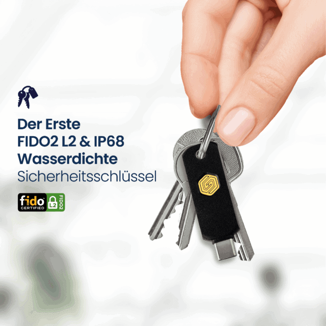 Sicherheits-Schlüssel mit Wasserfestigkeit und FIDO2 Zertifizierung.