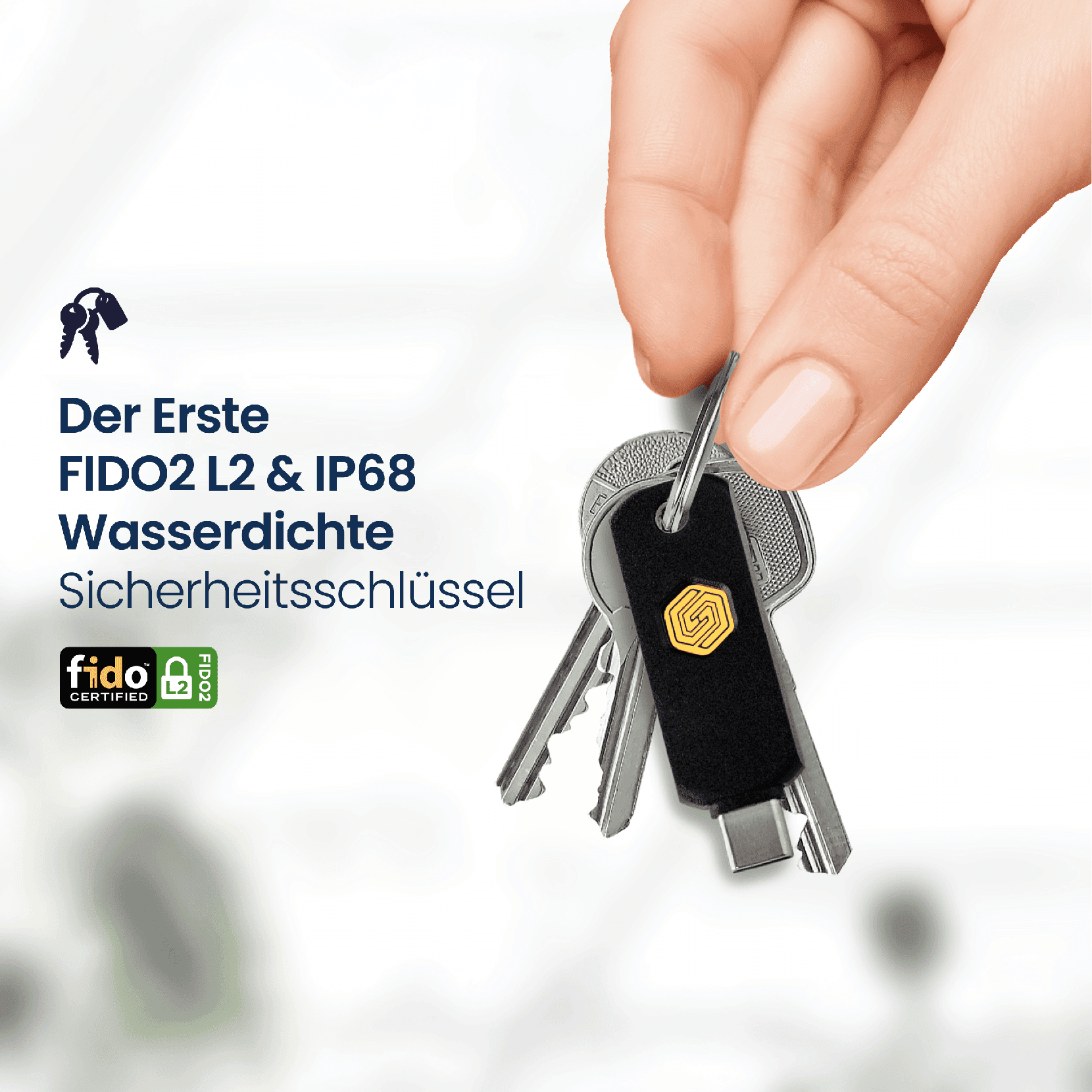 Sicherheits-Schlüssel mit Wasserfestigkeit und FIDO2 Zertifizierung.