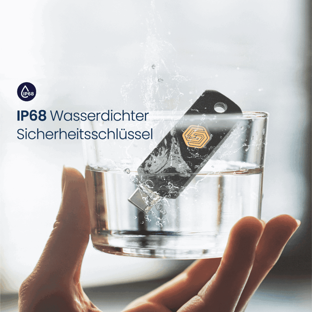 Wasserdichter Sicherheitsschlüssel in Wasser, IP68 Schutzklasse.