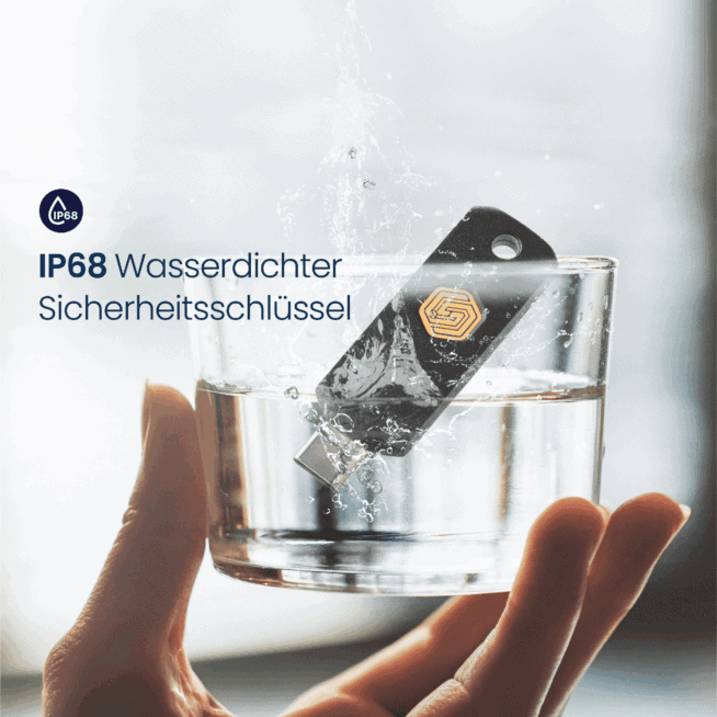 Wasserdichter Sicherheitsschlüssel in Wasser, IP68 Schutzklasse.